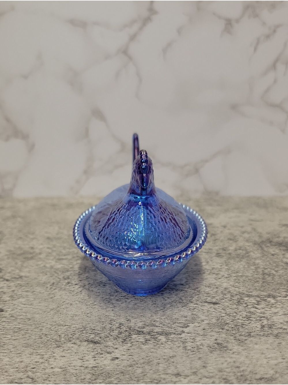 Blue Carnival Glass Hen on a nest - Picture 3 of 9